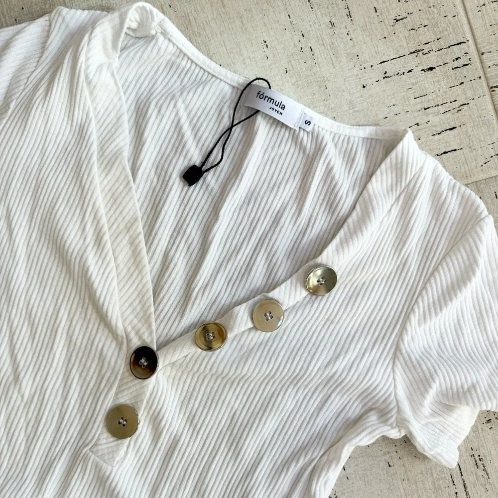 Formula Ribbed White V-Neck Onesie Bodysuit Metal Button Top Short Sleeve S - Picture 3 of 4